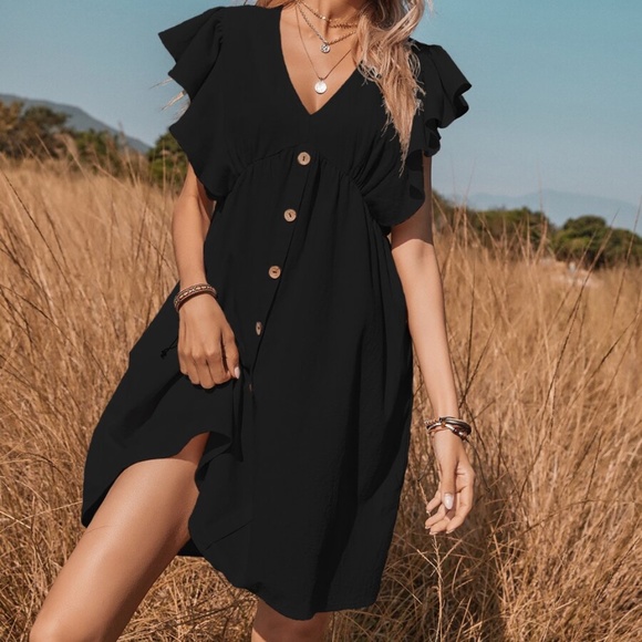 Vneck button boho Butterfly sleeve Black Dress 90s - Picture 2 of 5